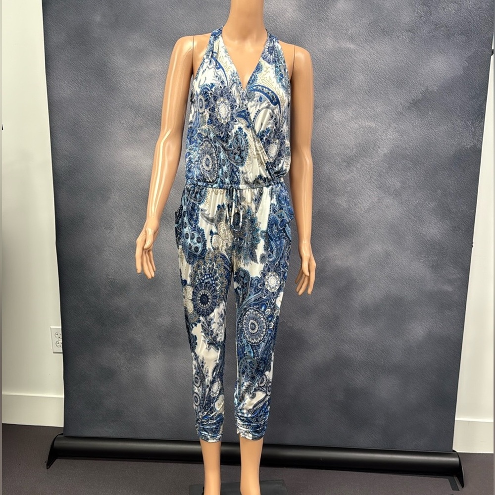 Ariella Blue and White Halter Jumpsuit with Tapered Legs